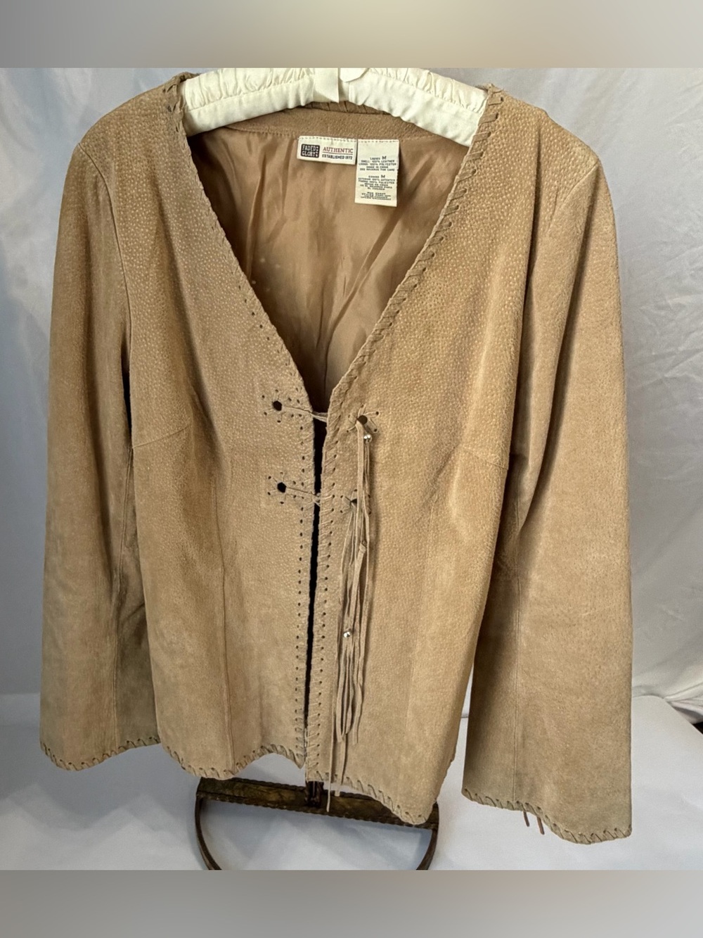 VTG Faded Glory Tan Suede Leather Western Whipstitch Fringe Jacket Size M